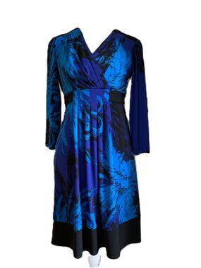 London Times Floral Black & Blue Wrap Dress 10P